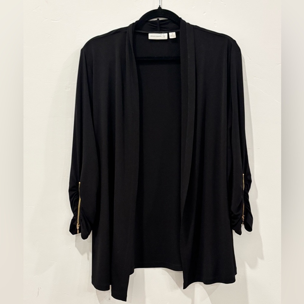 Susan Graver Black Open Front Knit Cardigan with Zipper sleeve Detail Medium